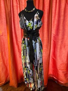 NWT Clover Canyon Floral Stripe Wide-Leg Jumpsuit in Black & White with Accents